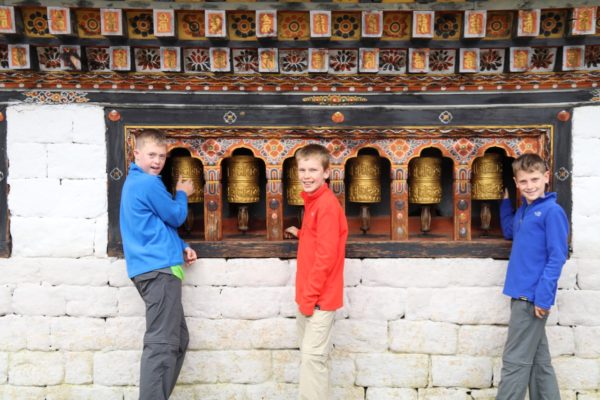 Spinning prayer wheels in Bhutan