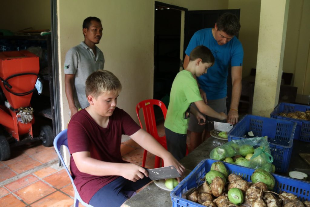 Chopping vegetables to make enrichment toys at Free the Bears - Bear Care, Phnom Tamao, in Cambodia