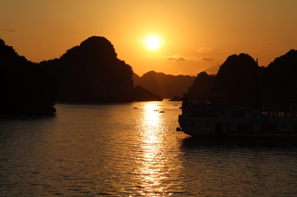 Sunset over Halong Bay in Vietnam