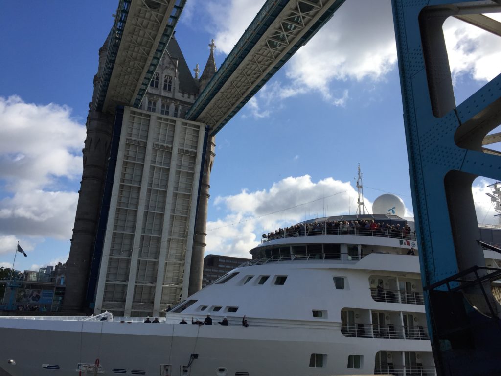 A cruise liner coming through Tower Bridge