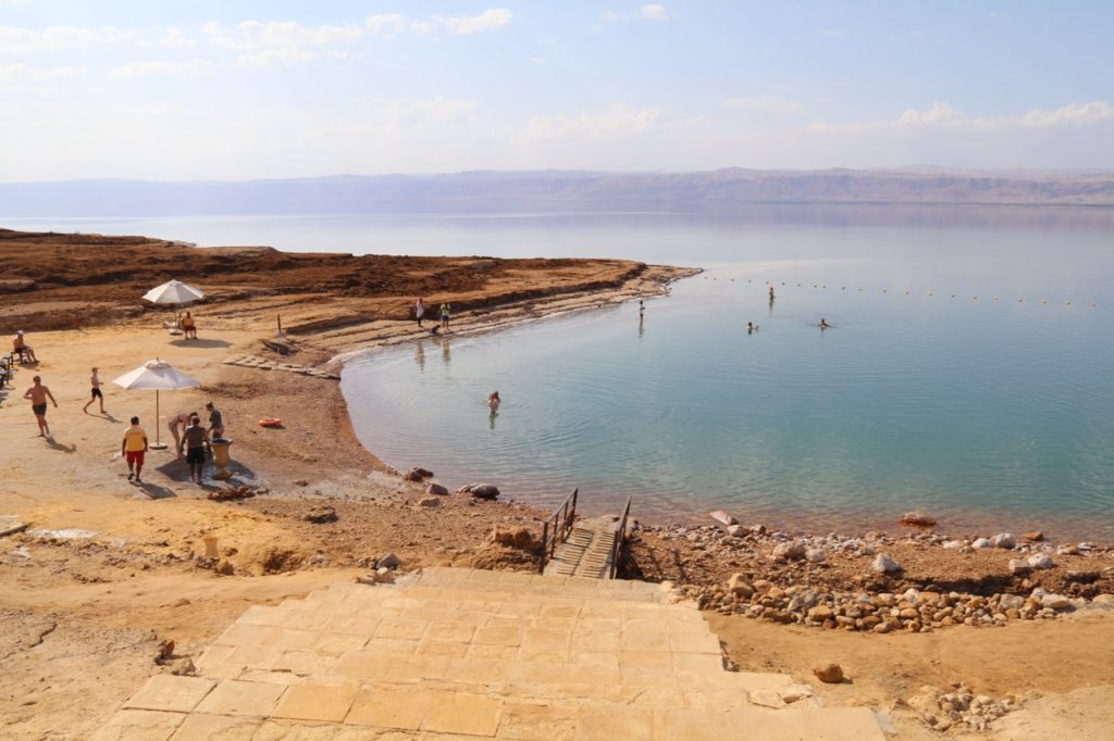 The private beach at the Kempinski Hotel on the Dead Sea
