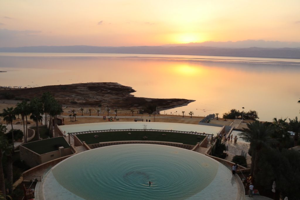 Infinity pool at the Kempinski Hotel. Views over Dead Sea