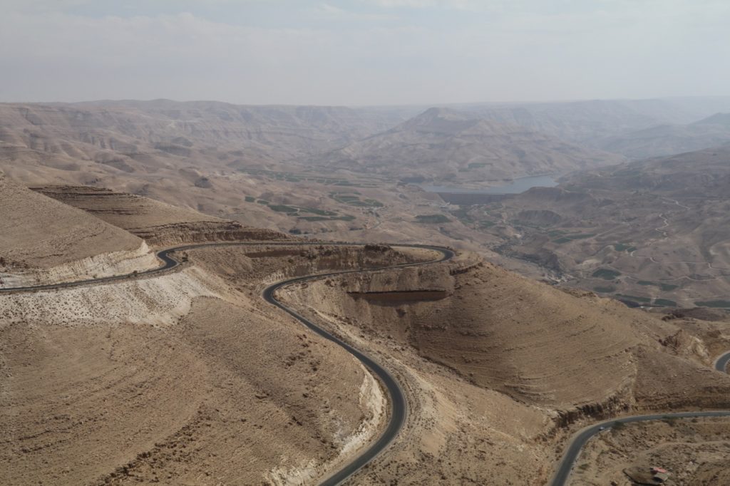 The switchbacks on the road up and down Wadi Mujib, the Grand Canyon of Jordan