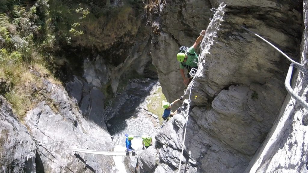 Waterfall climbing with kids at Wildwire Wanaka in New Zealand