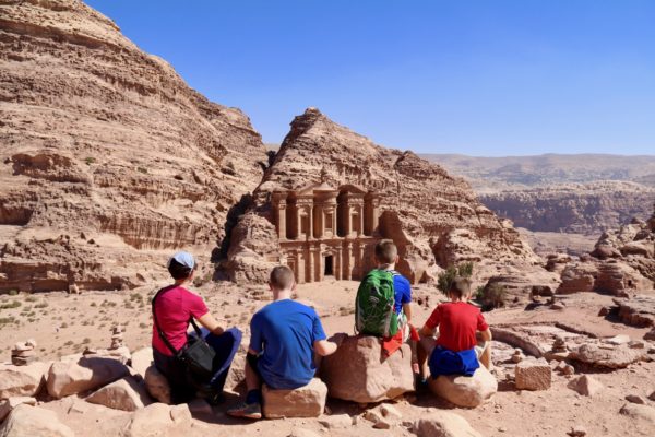 Overlooking the Monastery at Petra with kids