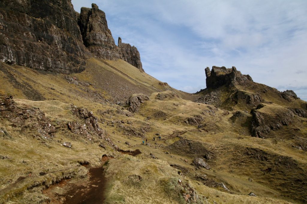 Hiking the Quiraing on the Isle of Skye. Prison on the right. Needle up to the left.