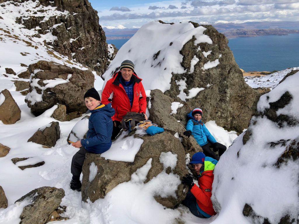 A picnic while hiking the Old Man of Storr on Skye in the snow!