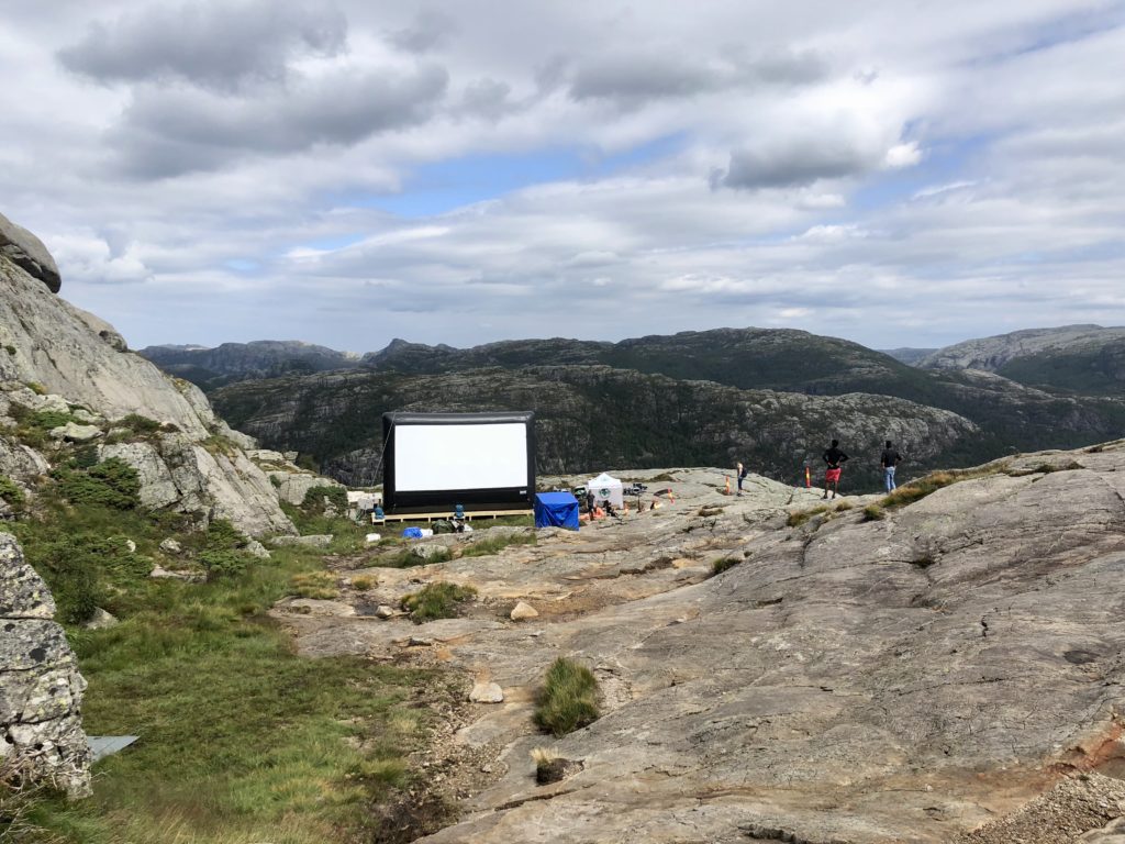 A giant screen erected at Pulpit Rock for the premiere of Mission Impossible:Fallout