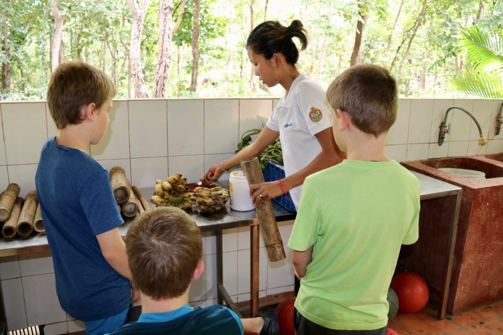 Making enrichment toys at Free the Bears, Phnom Tamao Wildlife Park in Cambodia
