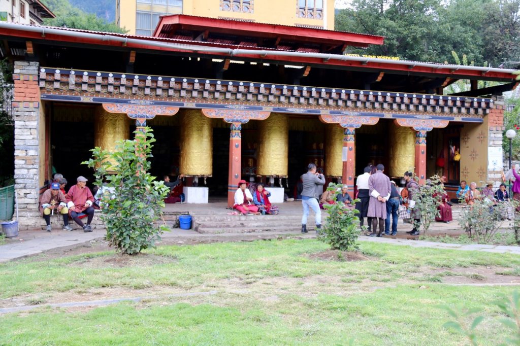 The giant prayer wheels at the entrance to the National Chorten in Thimphu