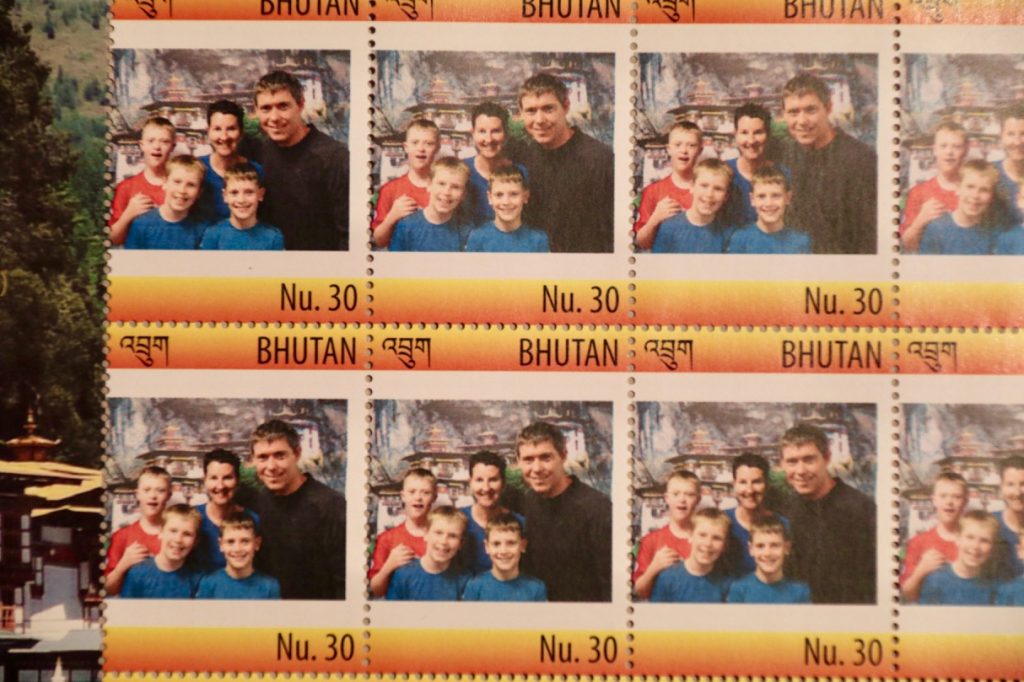 The Williams family on a stamp, from the Thimphu Post Office in Bhutan