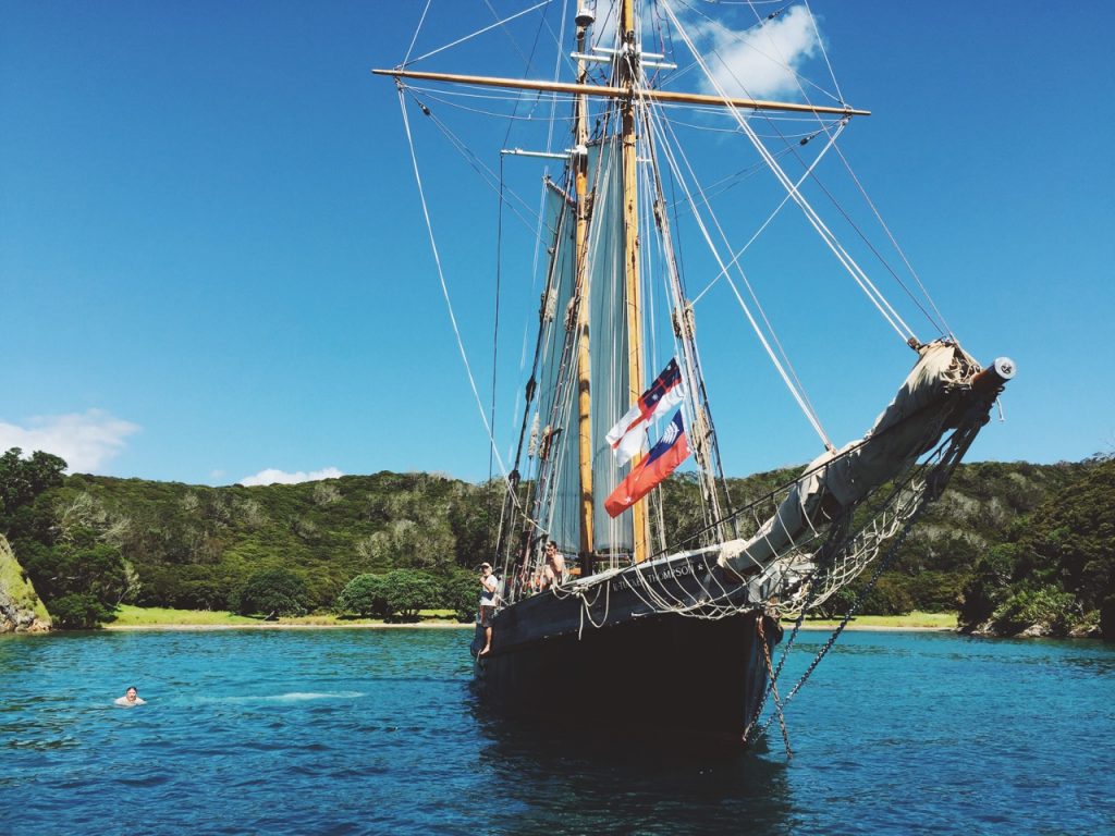 R Tucker Thompson tall ship cruising the Bay of Islands in New Zealand