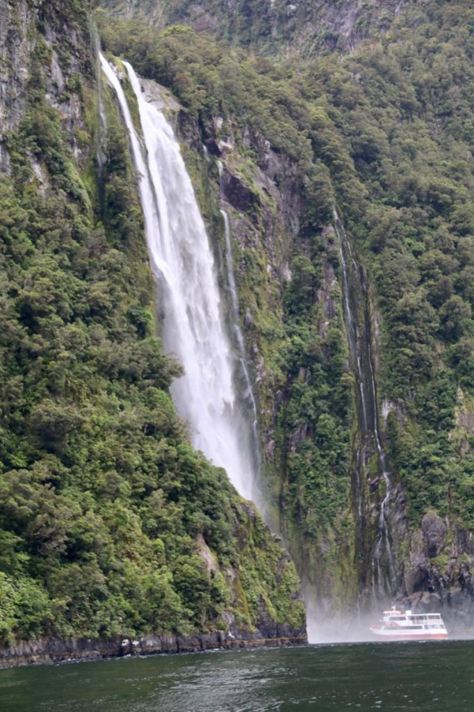 Up close to the waterfalls on Milford Sound