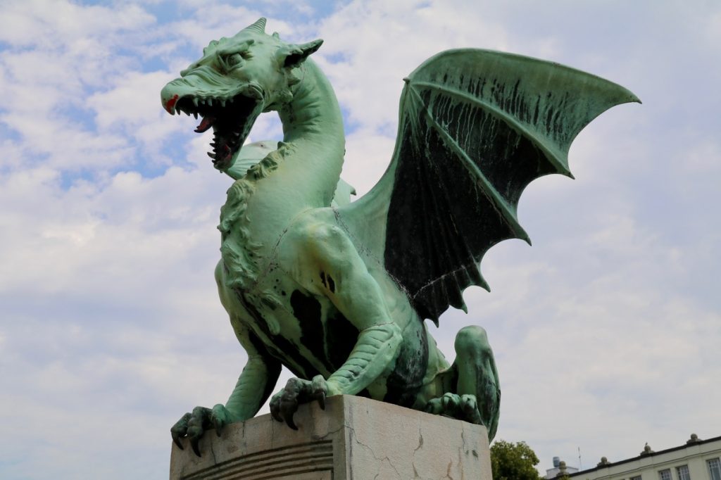 A bronzed dragon on the Dragon Bridge in Ljubljana