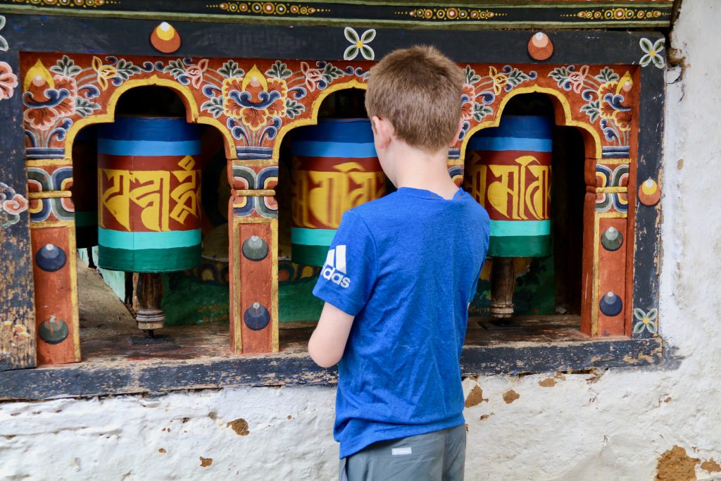 Spinning prayer wheels in Bhutan